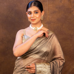 Charcoal Grey Crushed Tissue Silk Saree | Banarasi Woven Saree