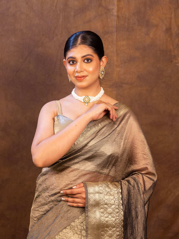 Charcoal Grey Crushed Tissue Silk Saree | Banarasi Woven Saree