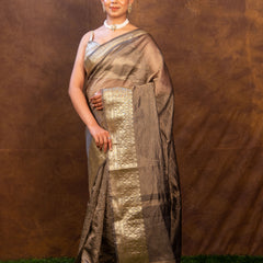 Charcoal Grey Crushed Tissue Silk Saree | Banarasi Woven Saree
