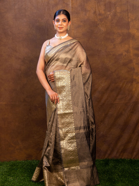 Charcoal Grey Crushed Tissue Silk Saree | Banarasi Woven Saree