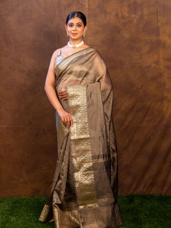 Charcoal Grey Crushed Tissue Silk Saree | Banarasi Woven Saree