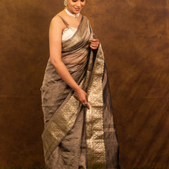 Charcoal Grey Crushed Tissue Silk Saree | Banarasi Woven Saree