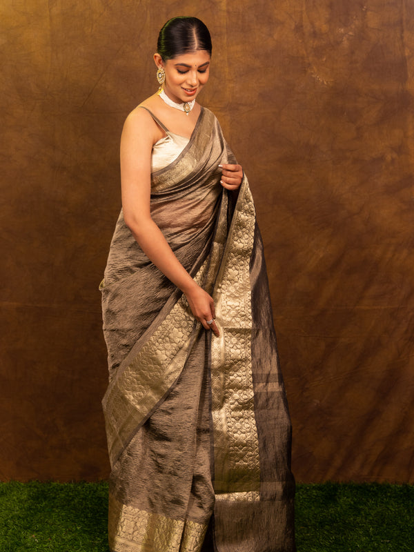 Charcoal Grey Crushed Tissue Silk Saree | Banarasi Woven Saree