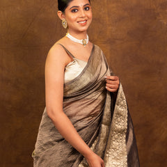 Charcoal Grey Crushed Tissue Silk Saree | Banarasi Woven Saree