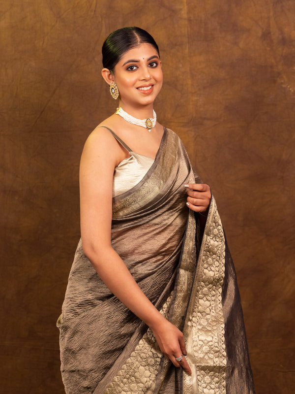 Charcoal Grey Crushed Tissue Silk Saree | Banarasi Woven Saree