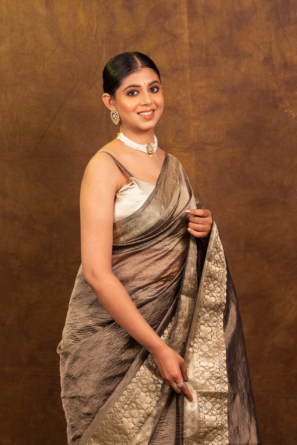 Trending Charcoal Grey Crushed Tissue Silk Saree | Banarasi Woven Saree