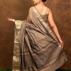 Charcoal Grey Crushed Tissue Silk Saree | Banarasi Woven Saree