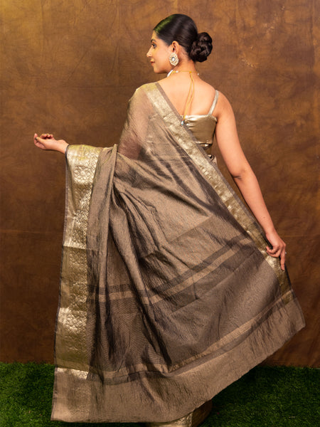 Charcoal Grey Crushed Tissue Silk Saree | Banarasi Woven Saree