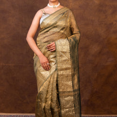 Mehndi Green Crushed Tissue Silk Saree | Banarasi Woven Saree