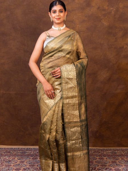 Mehndi Green Crushed Tissue Silk Saree | Banarasi Woven Saree