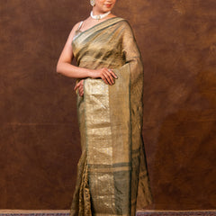 Mehndi Green Crushed Tissue Silk Saree | Banarasi Woven Saree