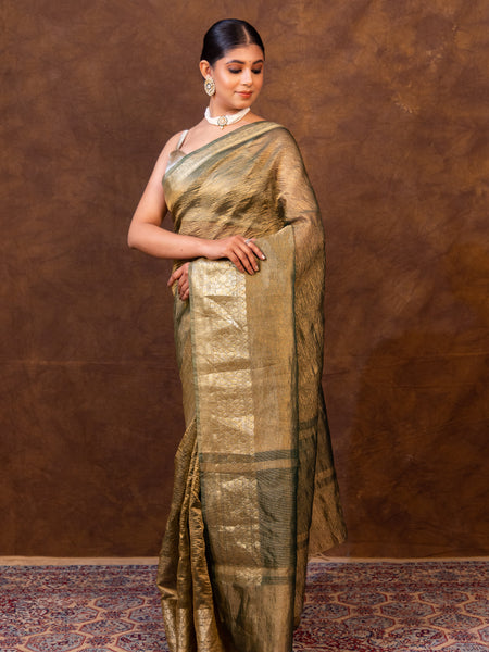 Mehndi Green Crushed Tissue Silk Saree | Banarasi Woven Saree