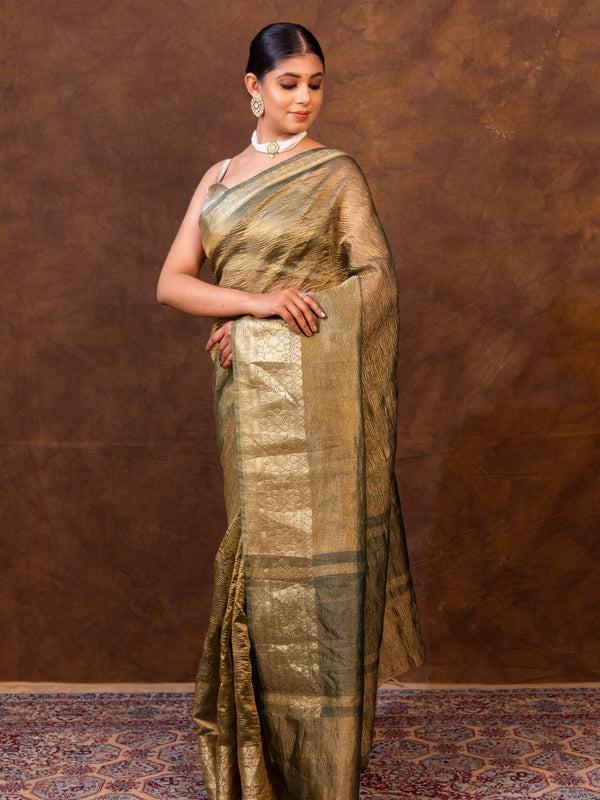 Mehndi Green Crushed Tissue Silk Saree | Banarasi Woven Saree