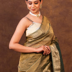 Mehndi Green Crushed Tissue Silk Saree | Banarasi Woven Saree