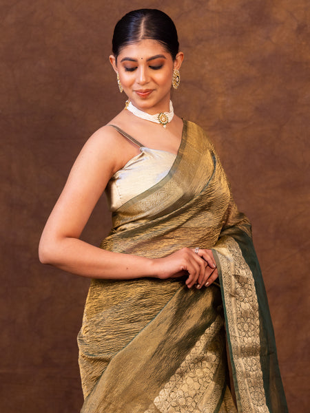 Mehndi Green Crushed Tissue Silk Saree | Banarasi Woven Saree
