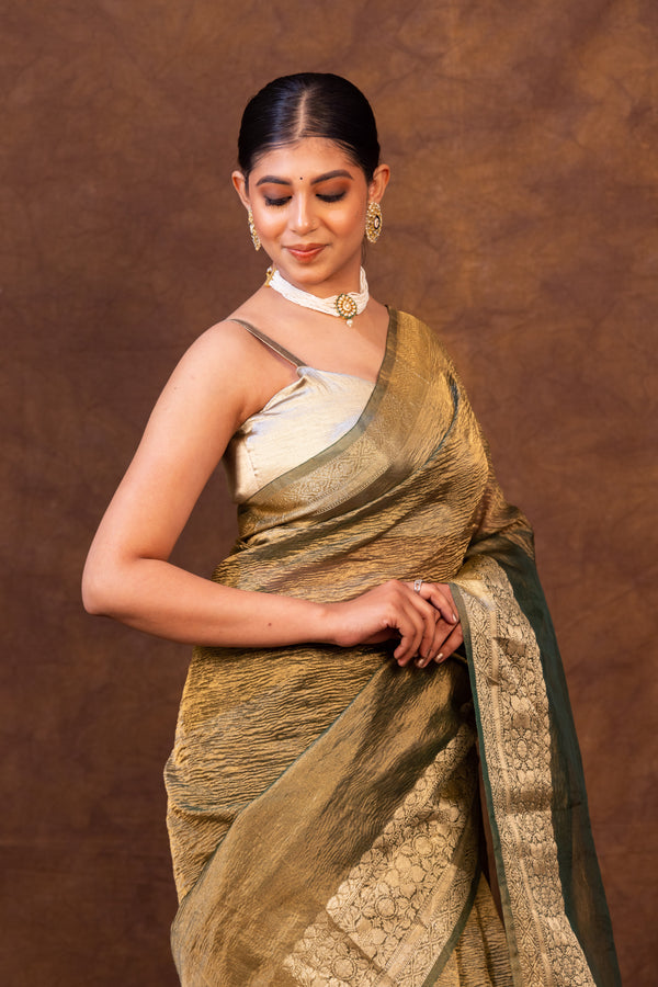 Trending Olive Green Crushed Tissue Silk Saree | Banarasi Woven Saree