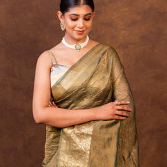 Mehndi Green Crushed Tissue Silk Saree | Banarasi Woven Saree