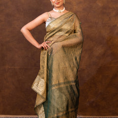 Mehndi Green Crushed Tissue Silk Saree | Banarasi Woven Saree