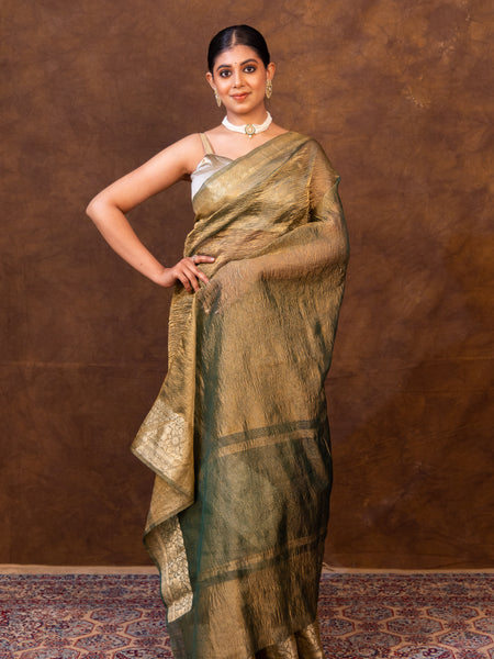 Mehndi Green Crushed Tissue Silk Saree | Banarasi Woven Saree