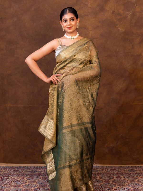 Mehndi Green Crushed Tissue Silk Saree | Banarasi Woven Saree