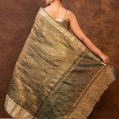 Mehndi Green Crushed Tissue Silk Saree | Banarasi Woven Saree