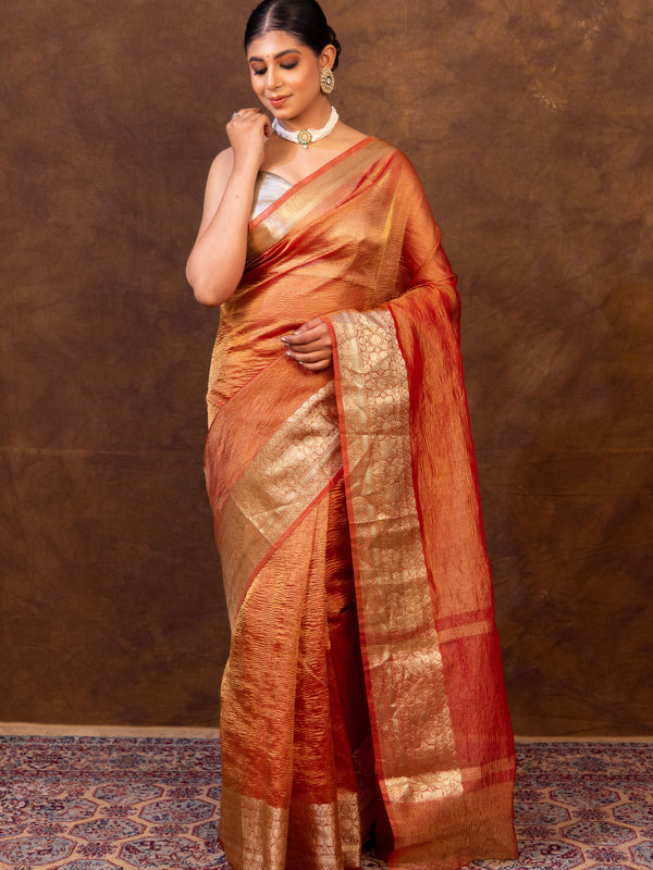 Rani Red Crushed Tissue Silk Saree | Banarasi Woven Saree