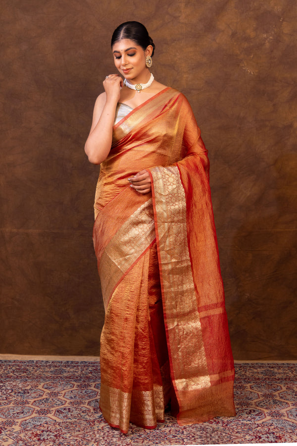 Trending Rust Orange Crushed Tissue Silk Saree | Banarasi Woven Saree
