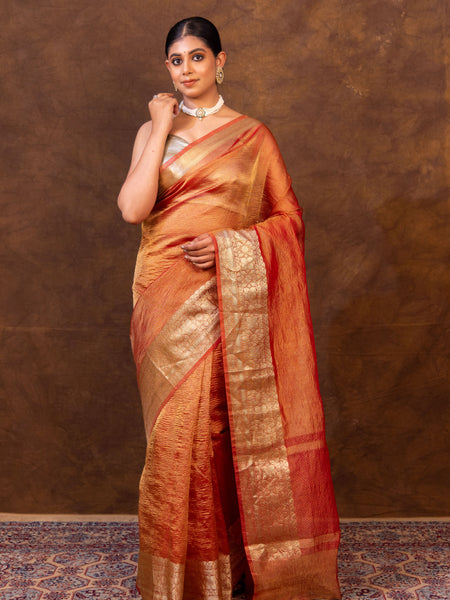 Rani Red Crushed Tissue Silk Saree | Banarasi Woven Saree