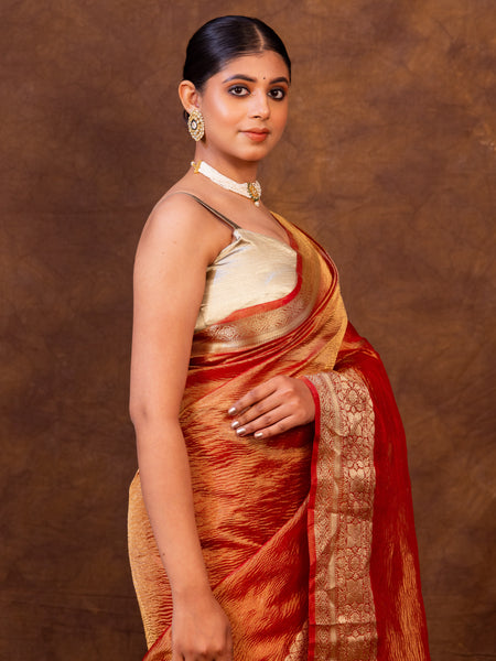 Rani Red Crushed Tissue Silk Saree | Banarasi Woven Saree
