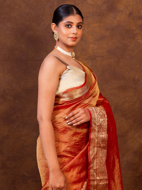 Rani Red Crushed Tissue Silk Saree | Banarasi Woven Saree