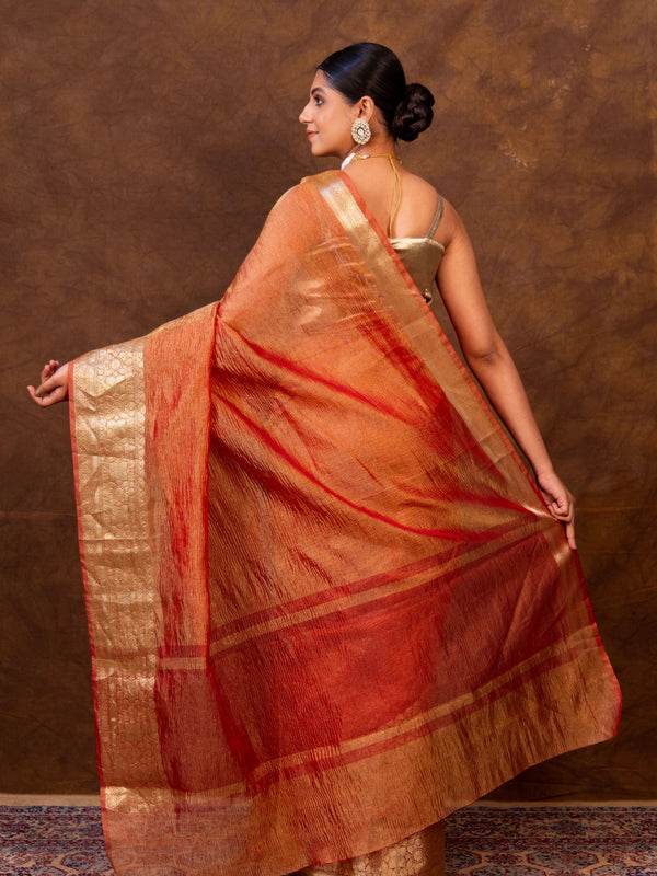 Rani Red Crushed Tissue Silk Saree | Banarasi Woven Saree