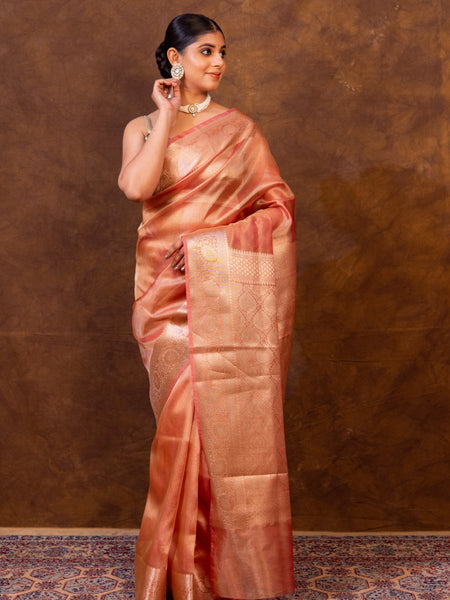 Pink Banarasi Authentic Soft Tissue Silk Saree with Rich Pallu Woven Design