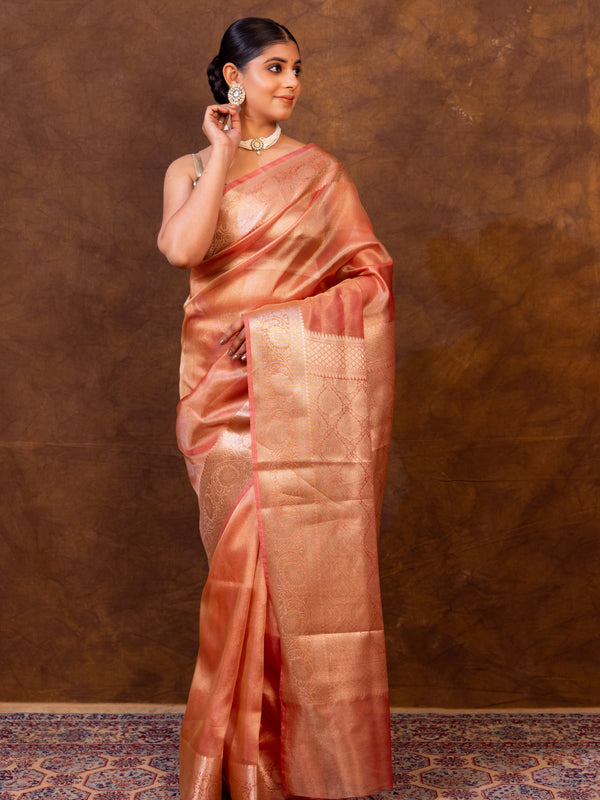 Pink Banarasi Authentic Soft Tissue Silk Saree with Rich Pallu Woven Design