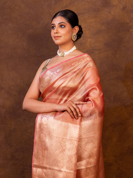 Pink Banarasi Authentic Soft Tissue Silk Saree with Rich Pallu Woven Design