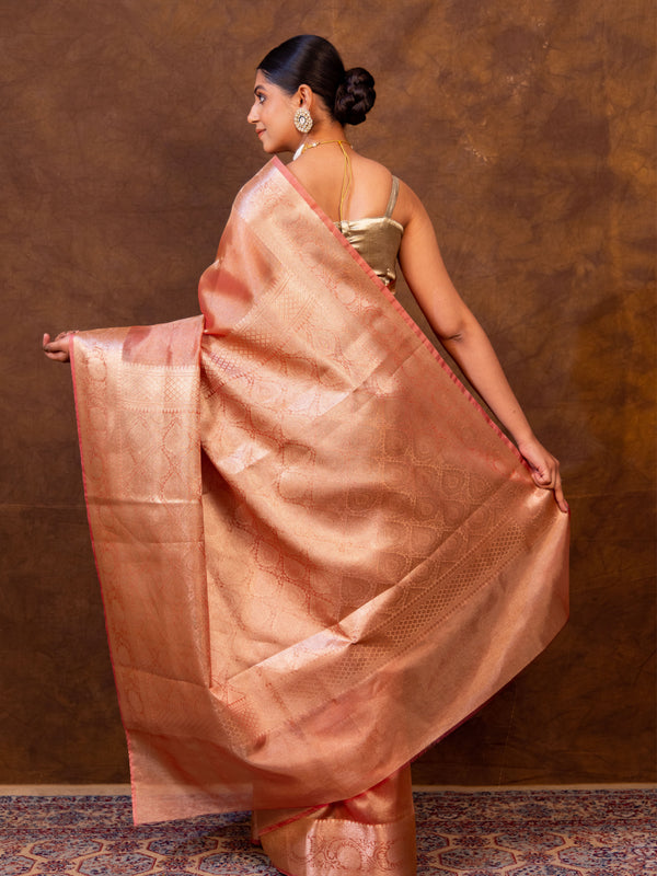 Pink Banarasi Authentic Soft Tissue Silk Saree with Rich Pallu Woven Design