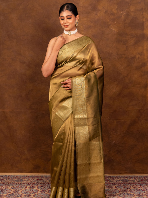 Olive Green Banarasi Authentic Soft Tissue Silk Saree with Rich Pallu Woven Design
