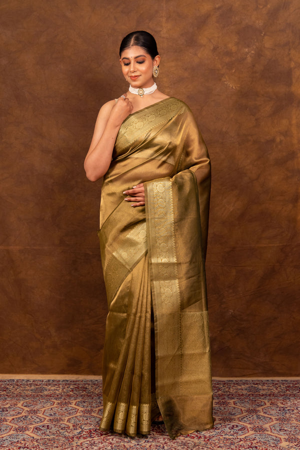 Olive Green Banarasi Authentic Soft Tissue Silk Saree with Rich Pallu Woven Design