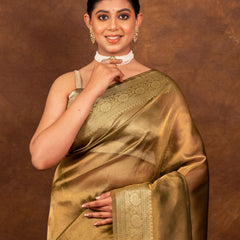 Olive Green Banarasi Authentic Soft Tissue Silk Saree with Rich Pallu Woven Design