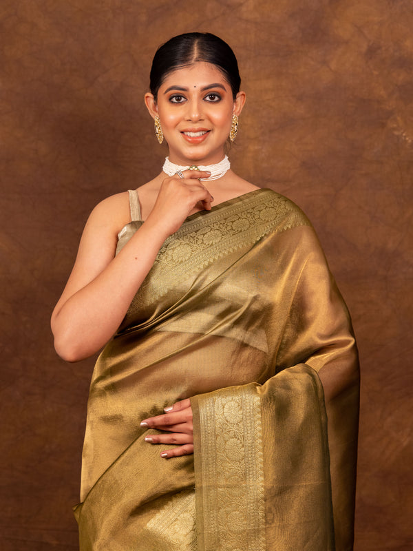 Olive Green Banarasi Authentic Soft Tissue Silk Saree with Rich Pallu Woven Design