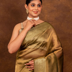 Olive Green Banarasi Authentic Soft Tissue Silk Saree with Rich Pallu Woven Design