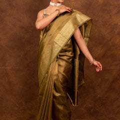Olive Green Banarasi Authentic Soft Tissue Silk Saree with Rich Pallu Woven Design