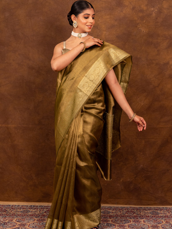 Olive Green Banarasi Authentic Soft Tissue Silk Saree with Rich Pallu Woven Design