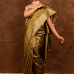 Olive Green Banarasi Authentic Soft Tissue Silk Saree with Rich Pallu Woven Design