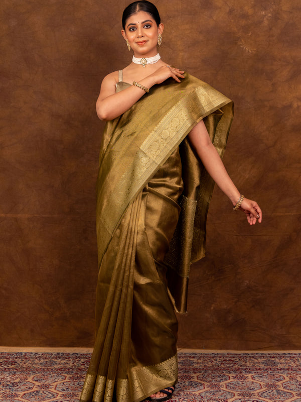 Olive Green Banarasi Authentic Soft Tissue Silk Saree with Rich Pallu Woven Design