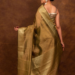 Olive Green Banarasi Authentic Soft Tissue Silk Saree with Rich Pallu Woven Design