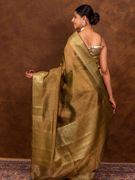 Olive Green Banarasi Authentic Soft Tissue Silk Saree with Rich Pallu Woven Design
