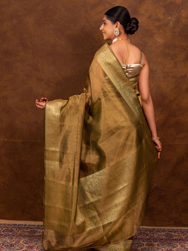 Olive Green Banarasi Authentic Soft Tissue Silk Saree with Rich Pallu Woven Design