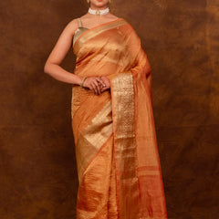 Peach Orange Crushed Tissue Silk Saree | Banarasi Woven Saree