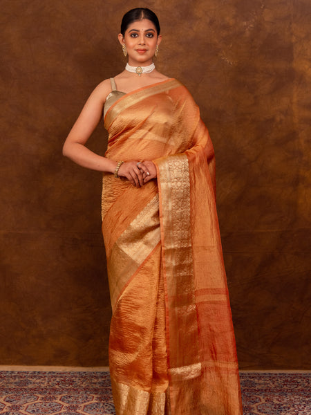 Peach Orange Crushed Tissue Silk Saree | Banarasi Woven Saree