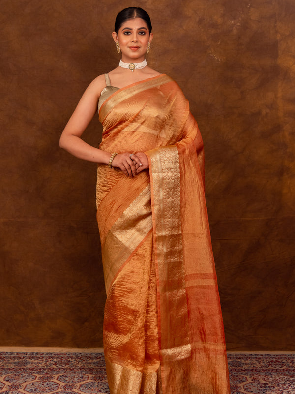 Peach Orange Crushed Tissue Silk Saree | Banarasi Woven Saree